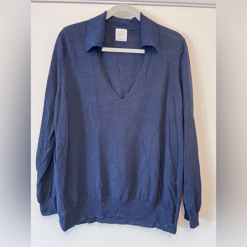 LESET Blue Linen light weight collard V Neck Sweater